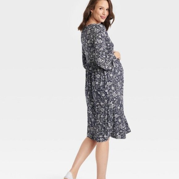 Target Ingrid + Isabel Smocked Shoulder Knit Maternity Midi Dress Floral Blue S - Picture 2 of 3